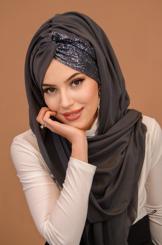 Antasit Simli Burgu Model Hazır Abiye Şal - Thumbnail