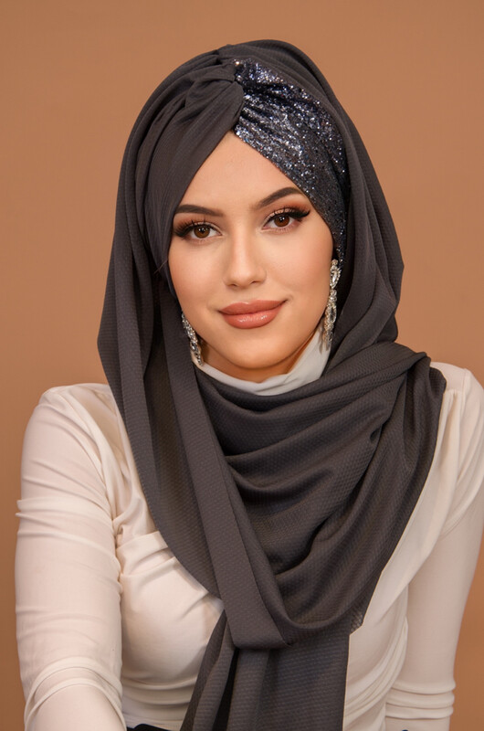 Antasit Simli Burgu Model Hazır Abiye Şal - Thumbnail