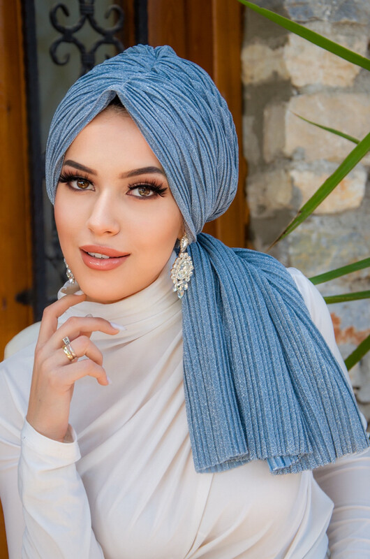 Bebe Mavi Işıltılı Piliseli Dolama Bone - Thumbnail