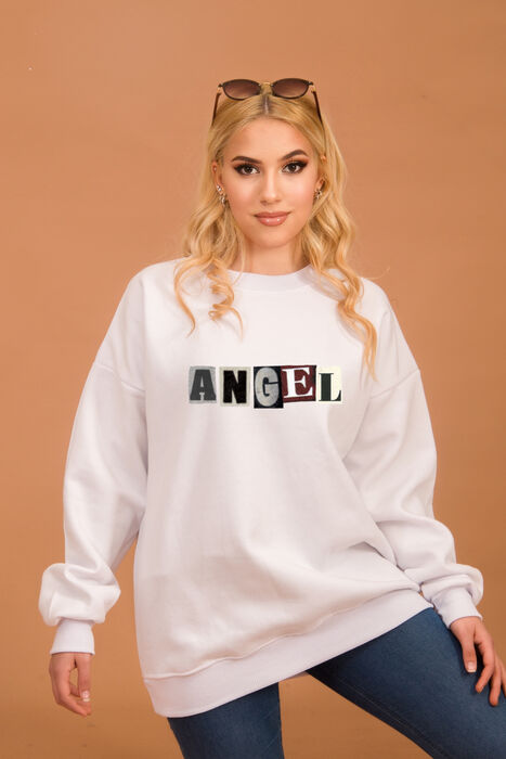 Beyaz Angel Baskılı Oversize Sweatshirt