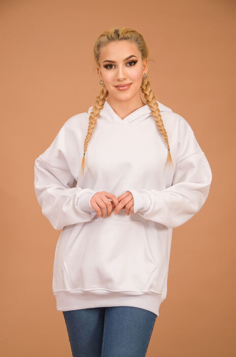 Beyaz Kapüşonlu Oversize Sweatshirt