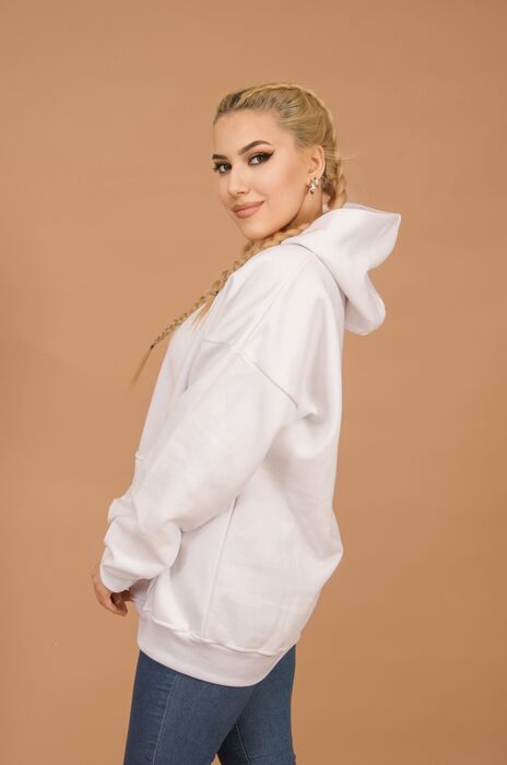 Beyaz Kapüşonlu Oversize Sweatshirt