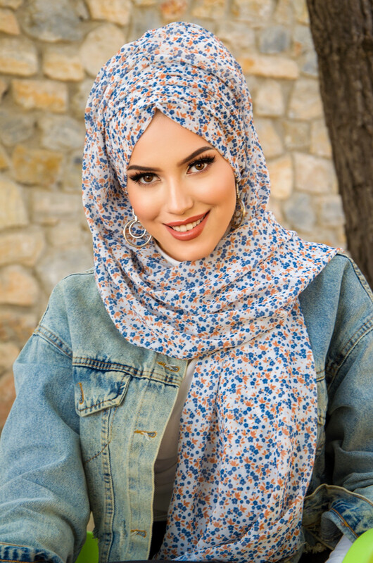  - Beyaz Mavi Taba Çiçek Desen Hazır Şal