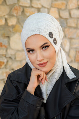 Beyaz Triko Baskılı Kışlık Spor Bone Hijab - Thumbnail