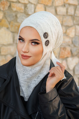 Beyaz Triko Baskılı Kışlık Spor Bone Hijab - Thumbnail