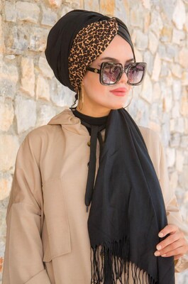 Aişe Tesettür - Black Leopard Bandana Ready Made Shawl Hijab