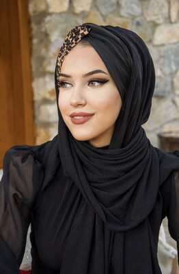 Black Leopard Bandana Ready Made Shawl Hijab - Thumbnail