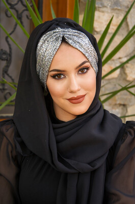 Black Silver Ready Made Abaya Shiny Shawl Hijab - Thumbnail