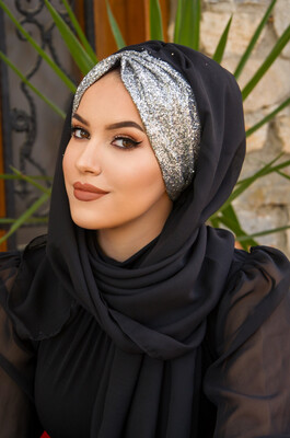 Black Silver Ready Made Abaya Shiny Shawl Hijab - Thumbnail