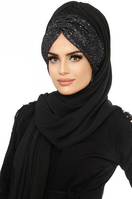 Black Siphon Sequined Bonned Hijab - Thumbnail