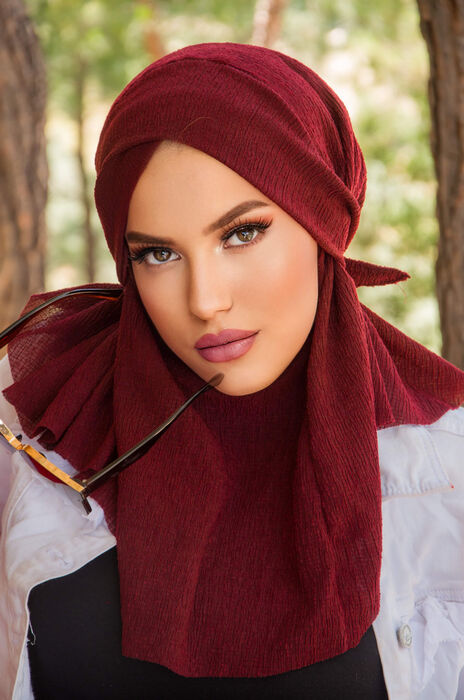 Bordo Bürümcük Çapraz Bantlı Medium Size Hijab - Hazır Şal