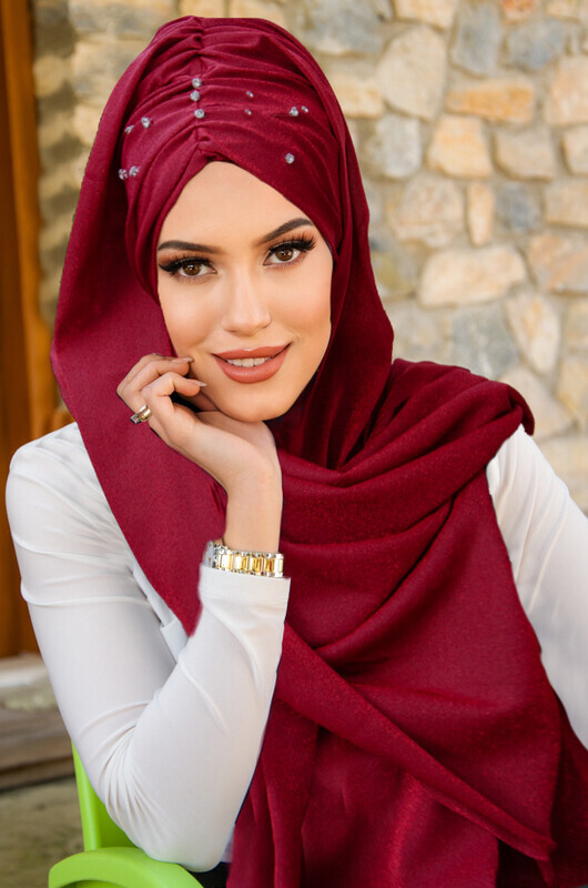Aişe Tesettür - Bordo Işıltılı Taşlı Abiye Şal