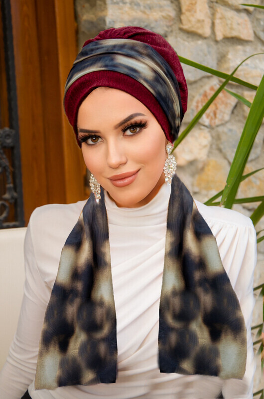  - Bordo Kahve Batik Desen Fularlı Bone