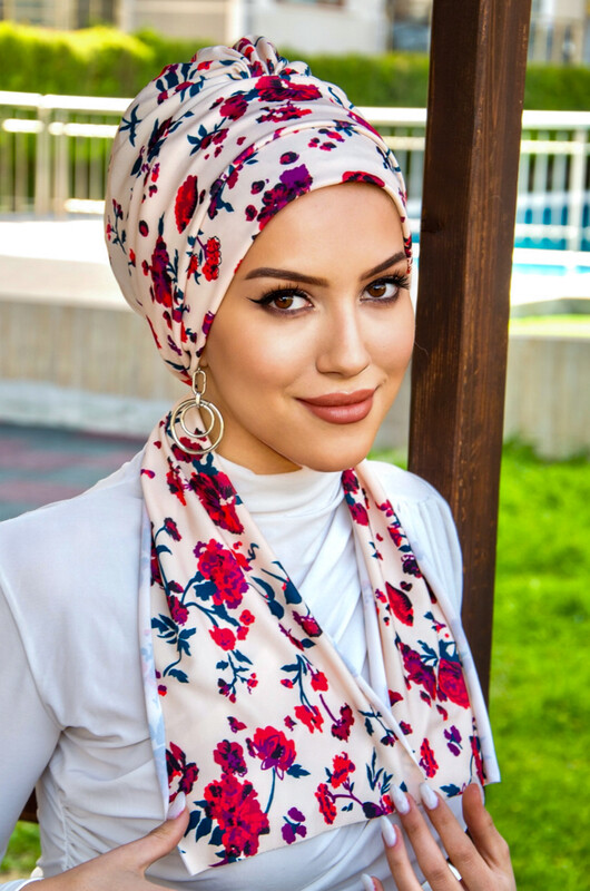 Aişe Tesettür - Ekru Bordo Çiçek Desenli Atkılı Bone