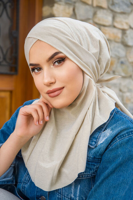 Ekru Işıltılı Çapraz Bantlı Medium Size Hijab - Hazır Şal