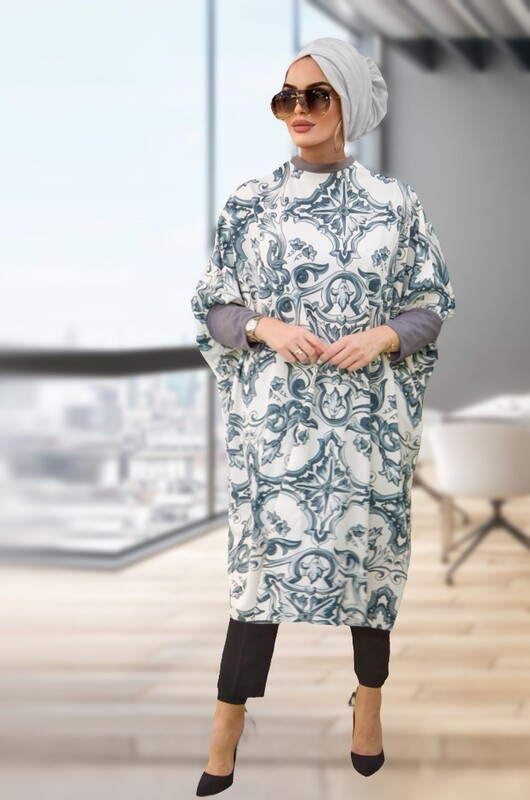 Aişe Tesettür - Füme Etnik Desen Oversize Tesettür Tunik