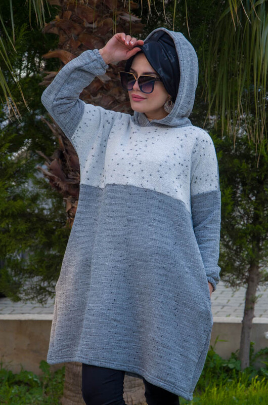 Aişe Tesettür - Gri Beyaz Spor sweat - 10200