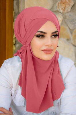 Aişe Tesettür - Gülkurusu Çapraz Bantlı Medium Size Hijab - Hazır Şal (1)