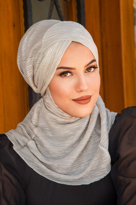 Gümüş Piliseli Çapraz Bantlı Medium Size Hijab - Hazır Şal - Thumbnail