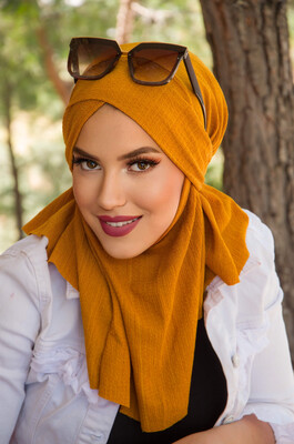 Aişe Tesettür - Hardal Bürümcük Çapraz Bantlı Medium Size Hijab - Hazır Şal (1)
