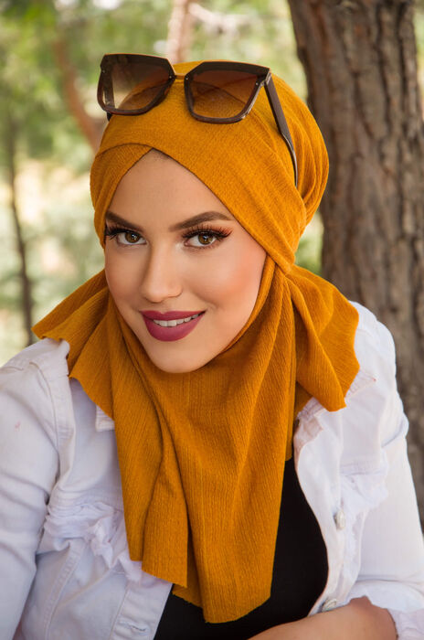 Hardal Bürümcük Çapraz Bantlı Medium Size Hijab - Hazır Şal