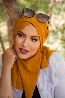 Hardal Bürümcük Çapraz Bantlı Medium Size Hijab - Hazır Şal - Thumbnail
