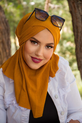 Hardal Bürümcük Çapraz Bantlı Medium Size Hijab - Hazır Şal - Thumbnail