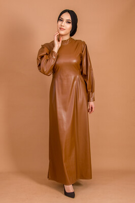 Kahverengi Deri Düğme Detaylı Elbise - Thumbnail