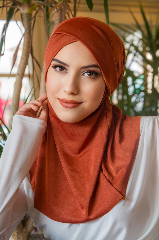 Aişe Tesettür - Kiremit Çapraz Bantlı Medium Size Hijab - Hazır Şal