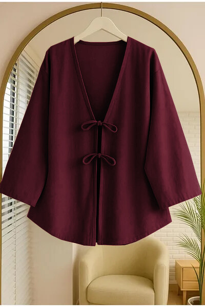  - Koyu Bordo Önü Bağlamalı Kimono Tunik / 85 CM BOY