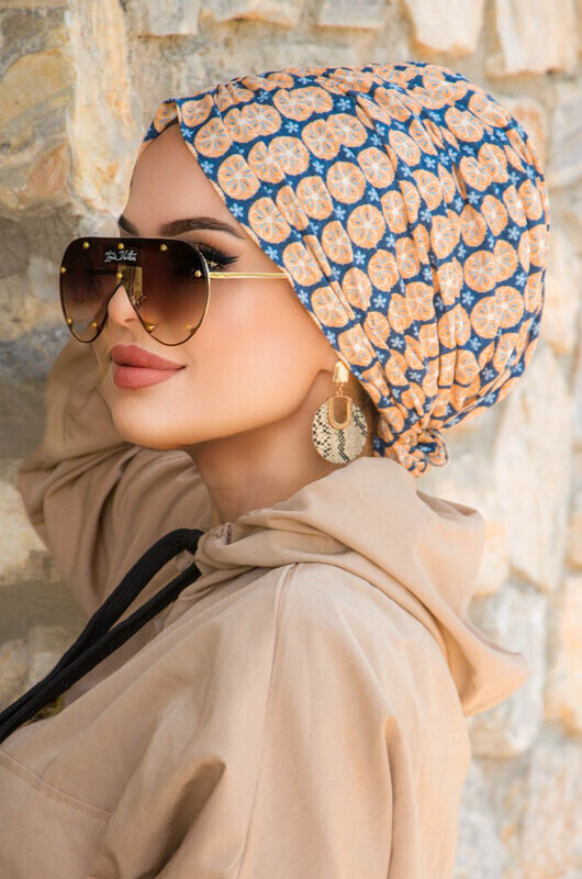 Aişe Tesettür - Lacivert Camel Desen Tokalı Bone