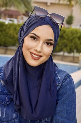 Lacivert Çapraz Bantlı Medium Size Hijab - Hazır Şal - Thumbnail