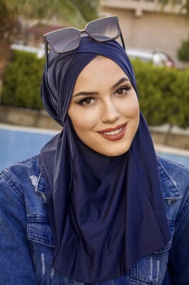 Lacivert Çapraz Bantlı Medium Size Hijab - Hazır Şal - Thumbnail