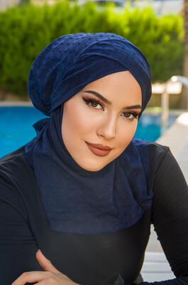 Aişe Tesettür - Lacivert Hijab Çapraz Bantlı Havuz ve Deniz Bonesi