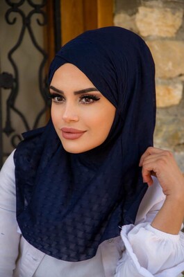 Lacivert Ponpon Çapraz Bantlı Medium Size Hijab - Hazır Şal - Thumbnail