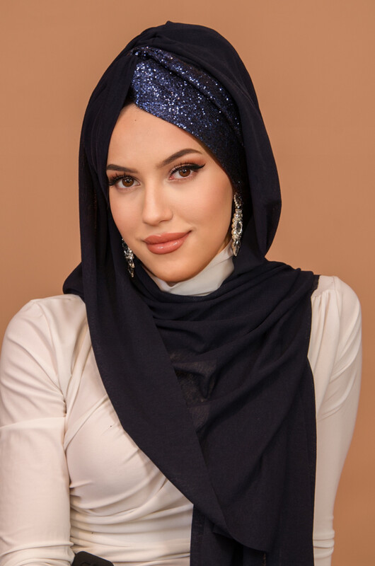 Lacivert Simli Burgu Model Hazır Abiye Şal - Thumbnail