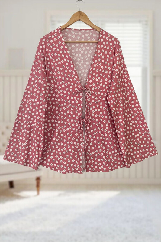  - Pudra Çiçekli Önü Bağlamalı Kimono Tunik / Ütü İstemez 85 CM BOY