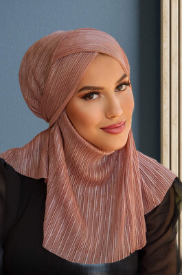 Pudra Piliseli Çapraz Bantlı Medium Size Hijab - Hazır Şal - Thumbnail