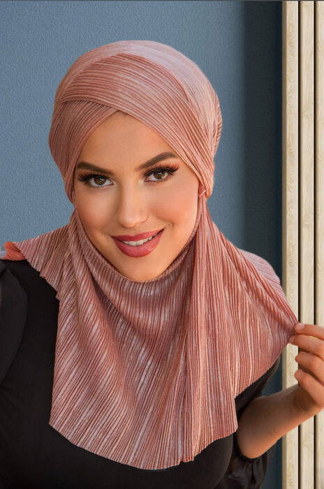 Pudra Piliseli Çapraz Bantlı Medium Size Hijab - Hazır Şal