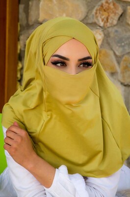 Fıstık Yeşili Çapraz Bantlı Medium Size Hijab - Hazır Şal - Thumbnail
