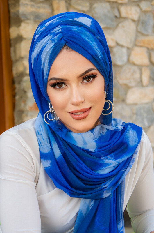 Saks Mavi Batik Desen Hazır Şal - Thumbnail
