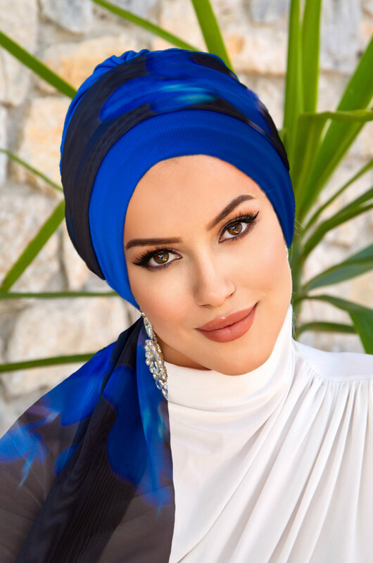 Aişe Tesettür - Saks Siyah Batik Fularlı Bone
