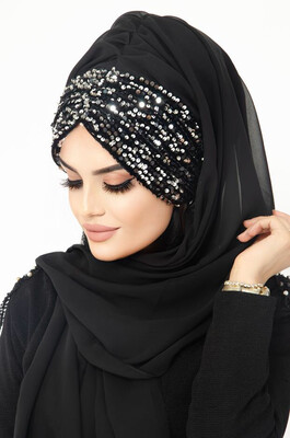Aişe Tesettür - Silver Antrasit Ready Made Abaya Shiny Shawl Hijab