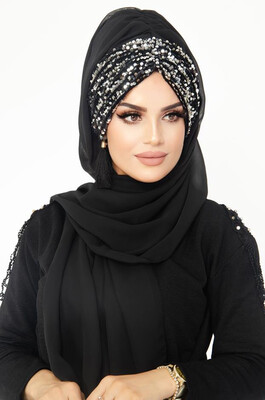 Silver Antrasit Ready Made Abaya Shiny Shawl Hijab - Thumbnail