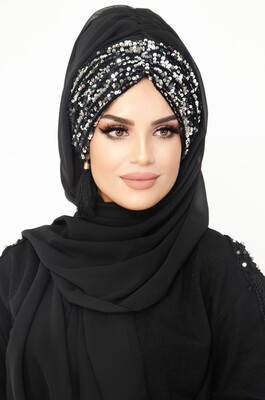 Silver Antrasit Ready Made Abaya Shiny Shawl Hijab - Thumbnail