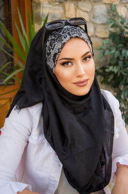 Siyah Beyaz Etnik Desen Bandana Hijab - Thumbnail