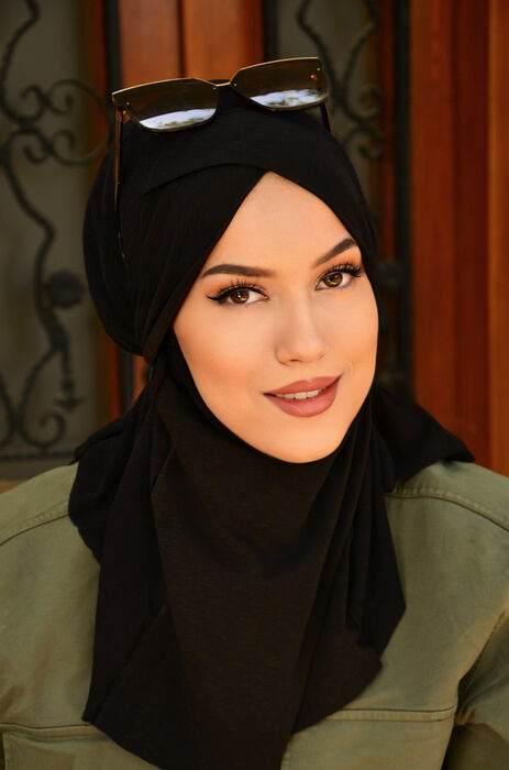 Siyah Çapraz Bantlı Medium Size Hijab - Hazır Şal