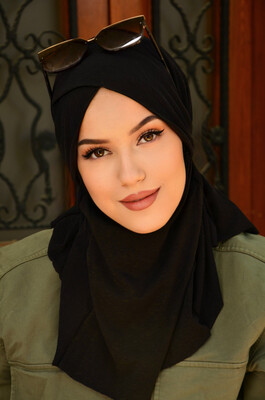 Siyah Çapraz Bantlı Medium Size Hijab - Hazır Şal - Thumbnail