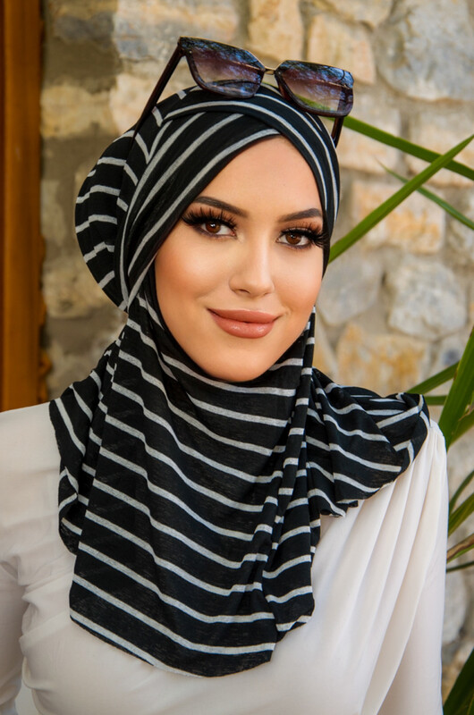 Aişe Tesettür - Siyah Çizgi Desenli Çapraz Bantı Medium Size - Hazır Şal (1)