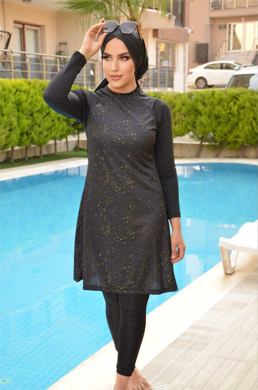 Siyah Damla Tesettür Mayo ve Bone Takım 48-50 beden